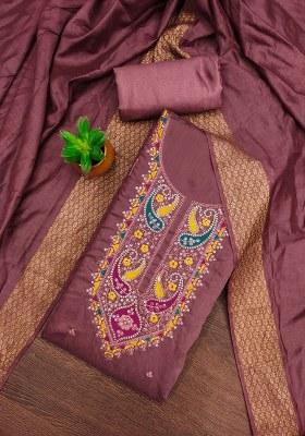 Purple Embroidered Cotton Blend Dress Material