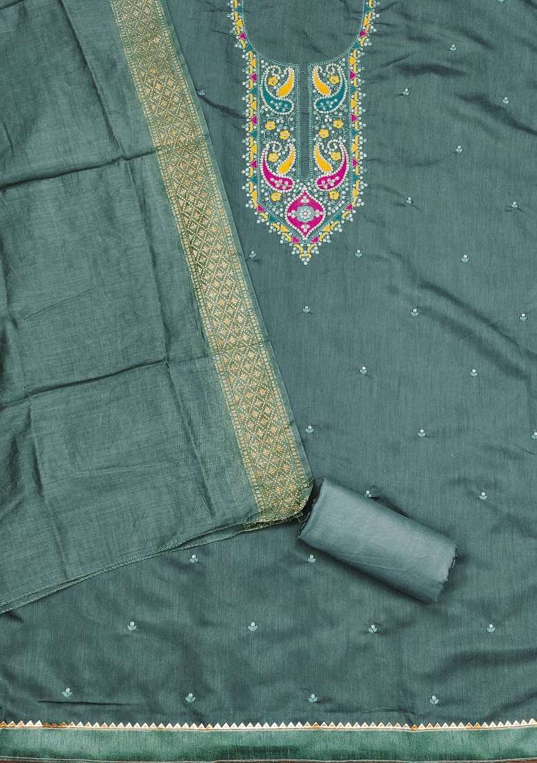 Sea Green Embroidered Cotton Straight Kurta Set - Indya
