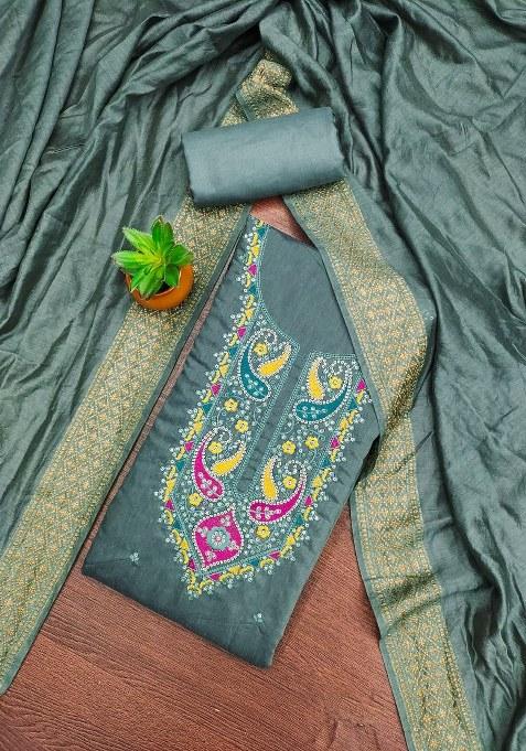 Sea Green Embroidered Cotton Straight Kurta Set