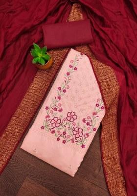 Peach Embroidered Cotton Blend Dress Material