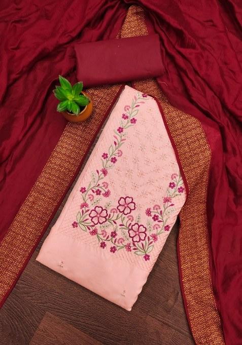 Peach Embroidered Cotton Blend Dress Material