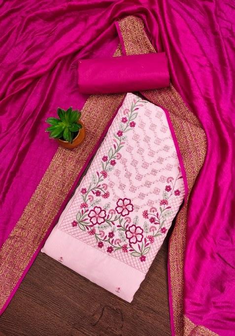 Pink Embroidered Blended Straight Kurta Set