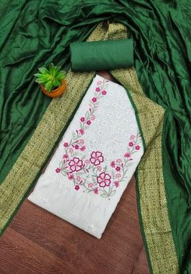 White Embroidered Cotton Blend Dress Material