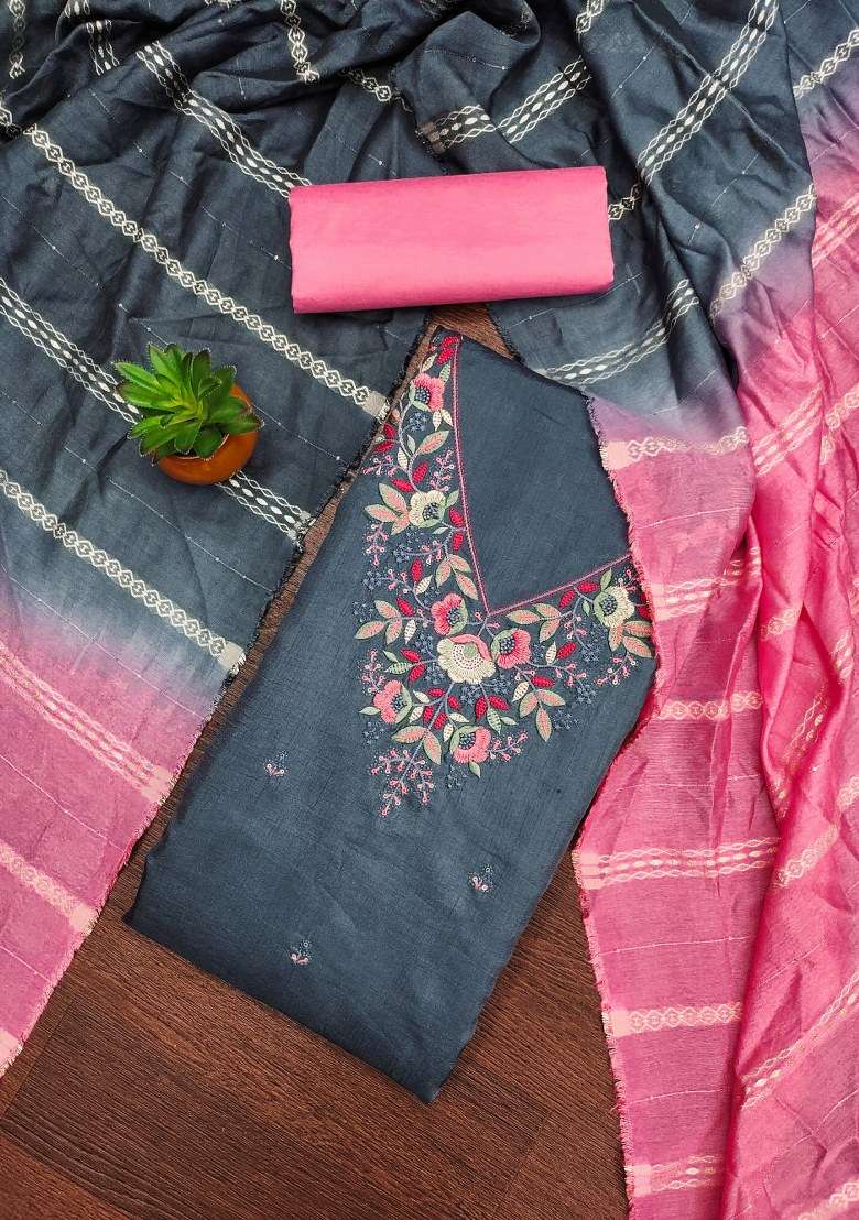 Grey Embroidered Blended Straight Kurta Set - Indya