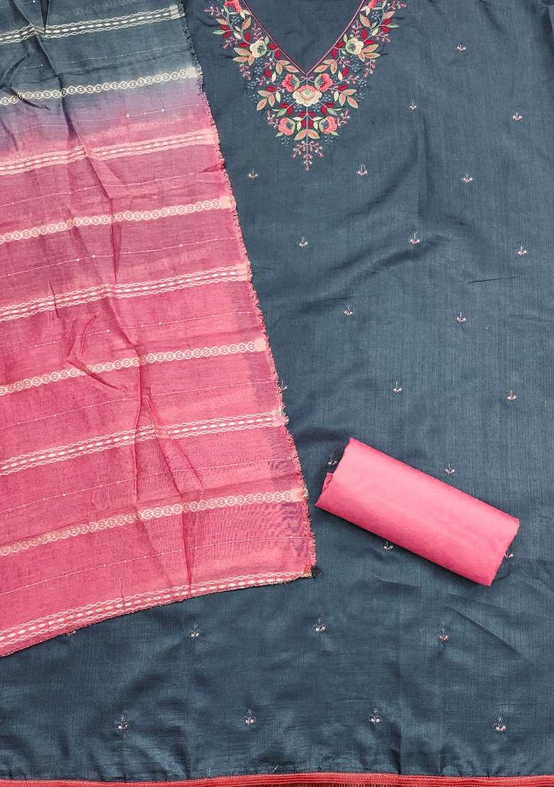 Grey Embroidered Blended Straight Kurta Set - Indya