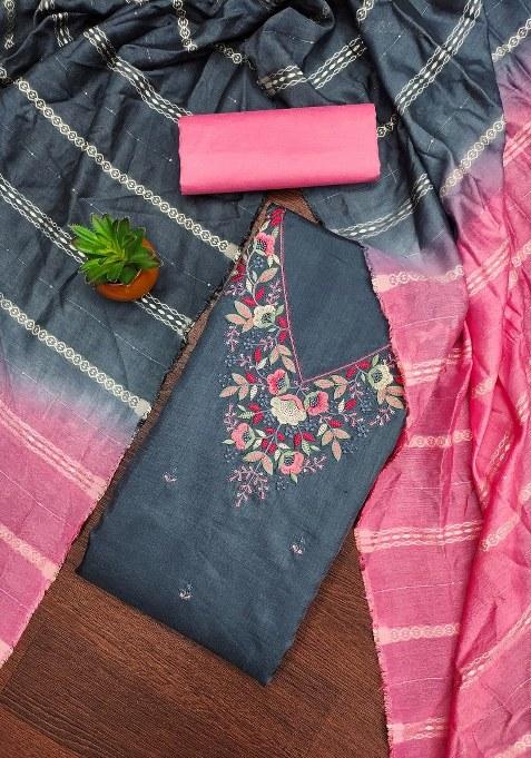 Grey Embroidered Cotton Blend Dress Material