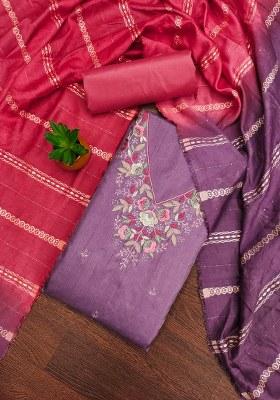 Lavender Embroidered Cotton Blend Dress Material