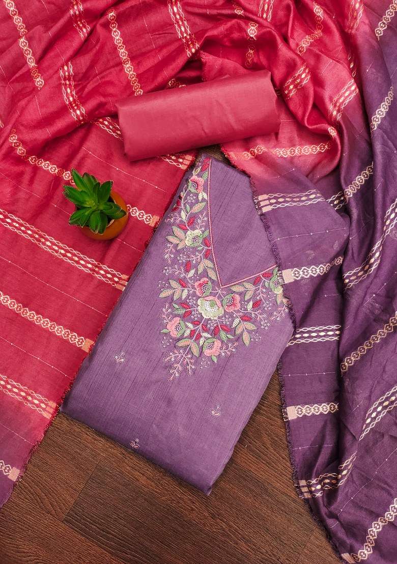 Lavender Embroidered Blended Straight Kurta Set - Indya