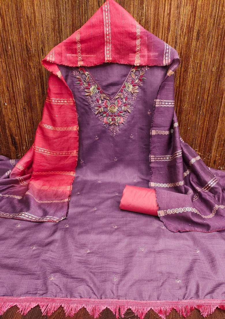 Lavender Embroidered Blended Straight Kurta Set - Indya