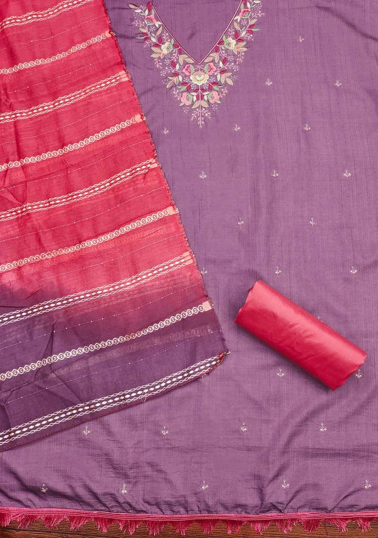 Lavender Embroidered Blended Straight Kurta Set - Indya
