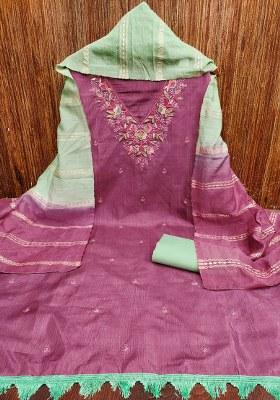 Purple Embroidered Cotton Blend Dress Material