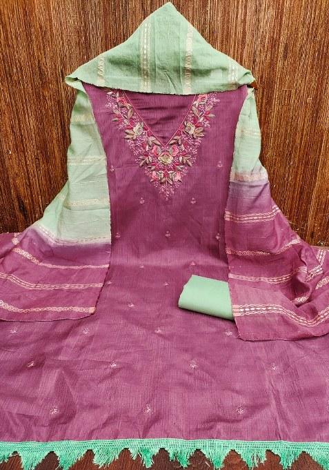 Purple Embroidered Blended Straight Kurta Set
