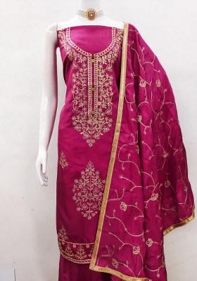 Pink Embroidered Silk Dress Material