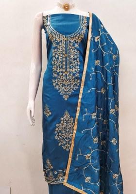 Teal Blue Embroidered Silk Dress Material