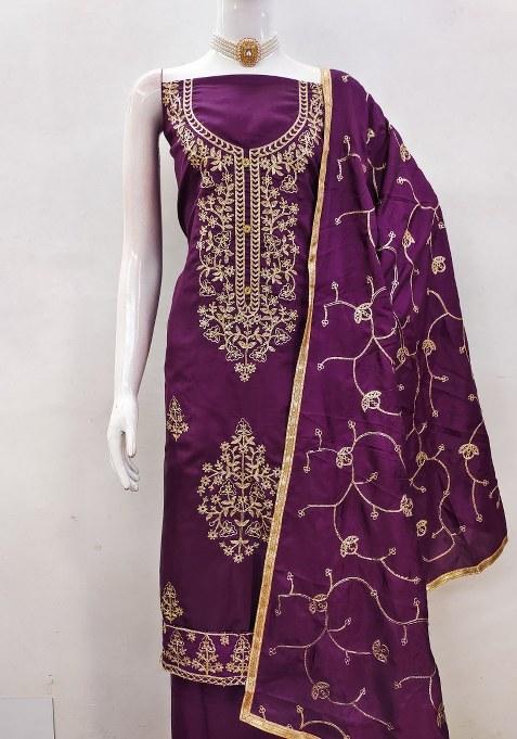 Voilet Embroidered Silk Pakistani Suit Set