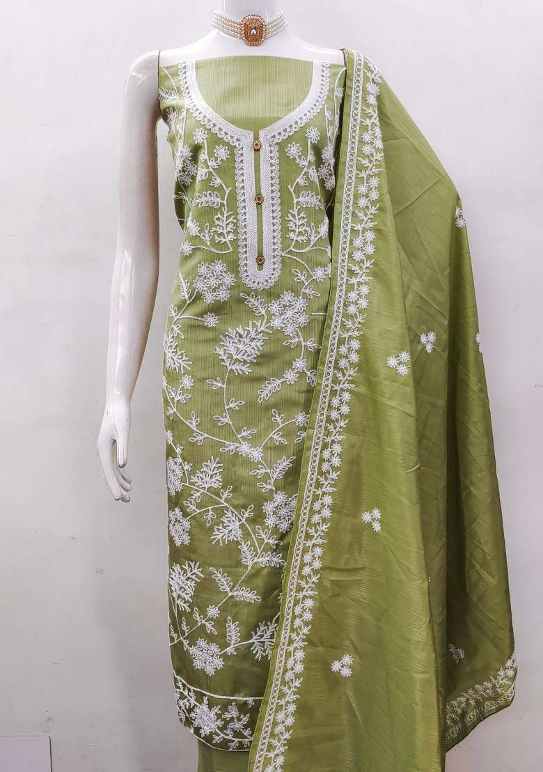 Green Chikankari Silk Blend Kurta - Indya