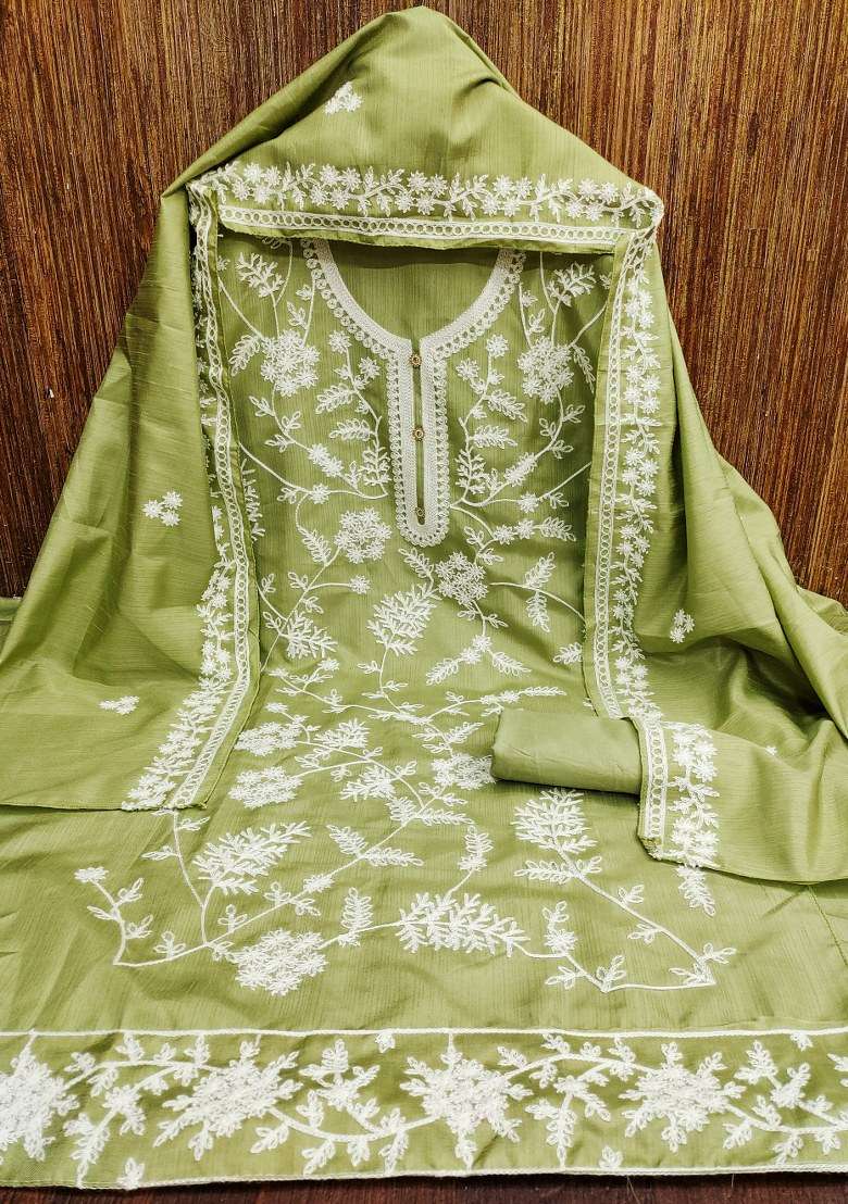 Green Chikankari Silk Blend Kurta - Indya