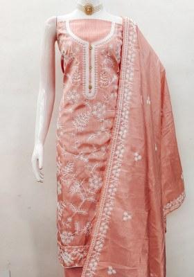 Peach Embroidered Silk Dress Material