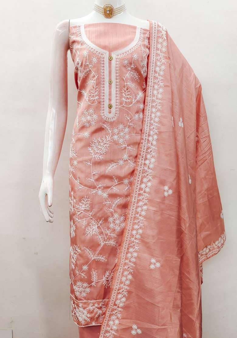 Peach Chikankari Silk Blend Straight Kurta Set - Indya