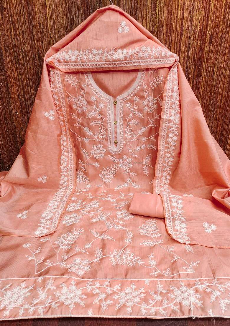 Peach Chikankari Silk Blend Straight Kurta Set - Indya