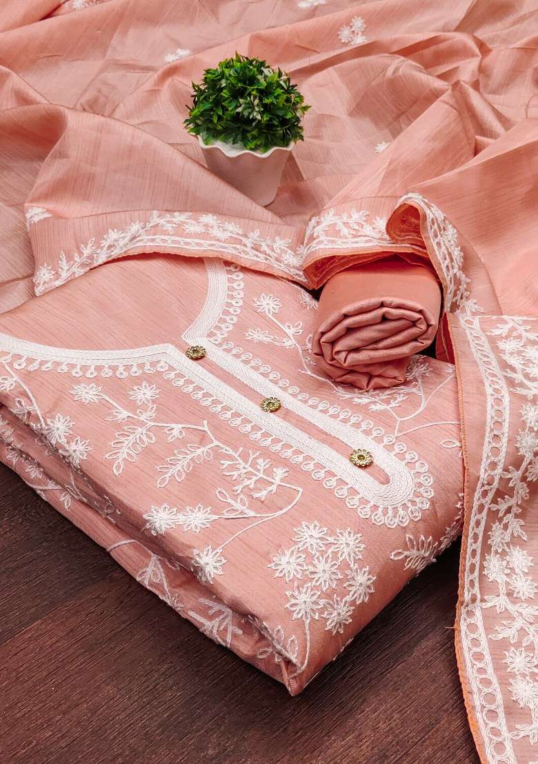 Peach Chikankari Silk Blend Straight Kurta Set - Indya