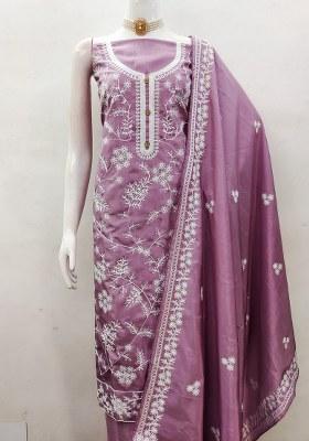 Purple Embroidered Silk Dress Material