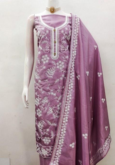 Purple Chikankari Silk Straight Kurta Set