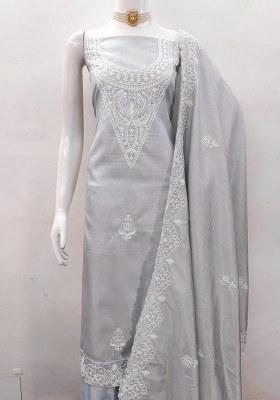 Grey Embroidered Silk Dress Material