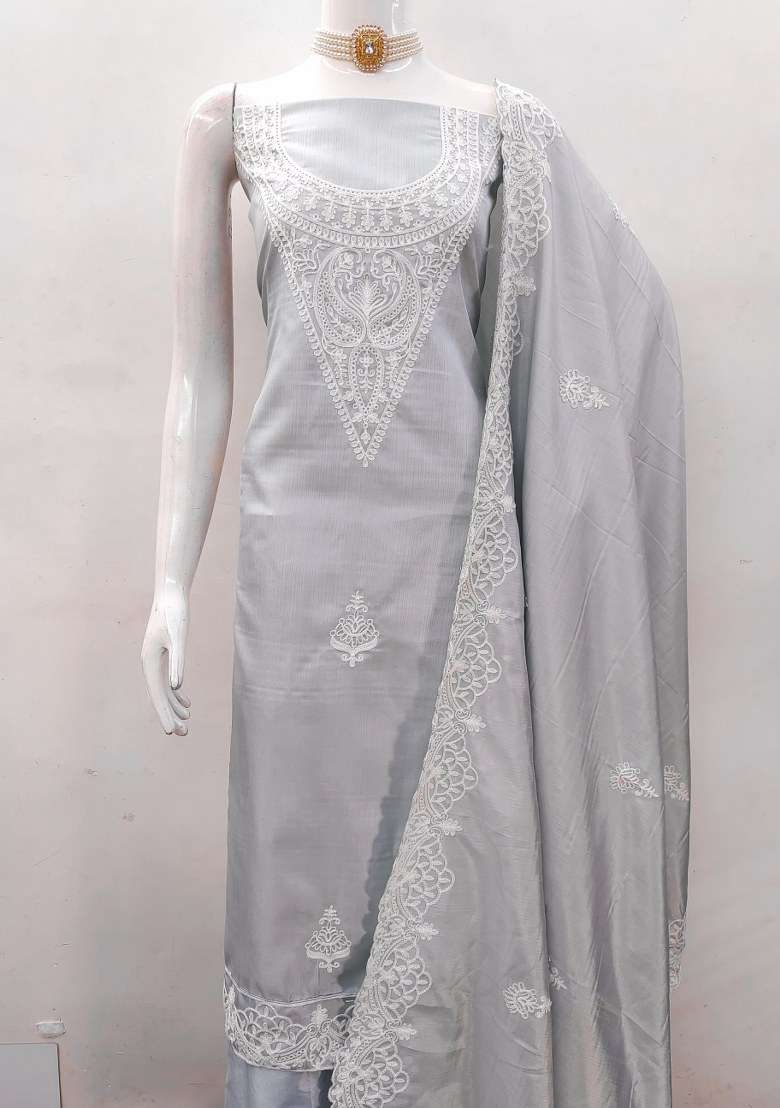 Grey Chikankari Silk Blend Straight Kurta Set - Indya