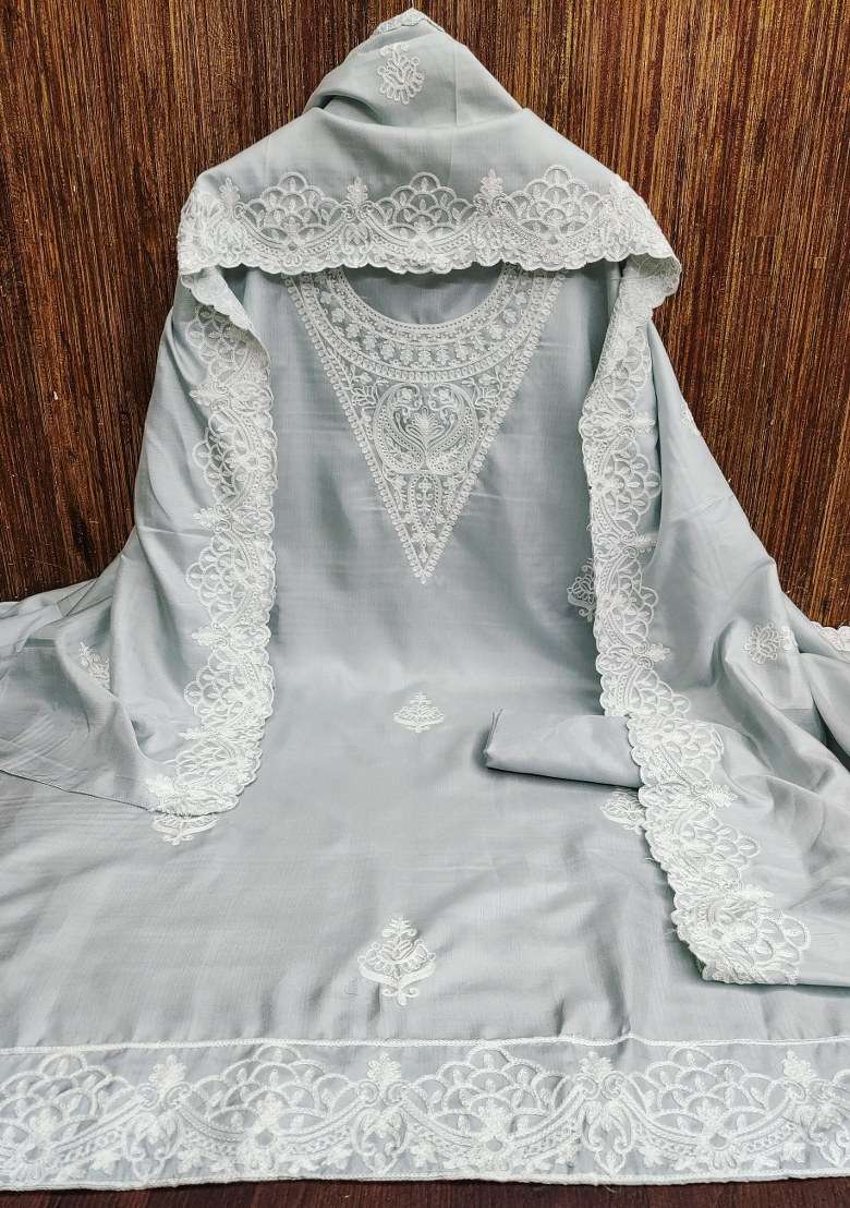 Grey Chikankari Silk Blend Straight Kurta Set - Indya
