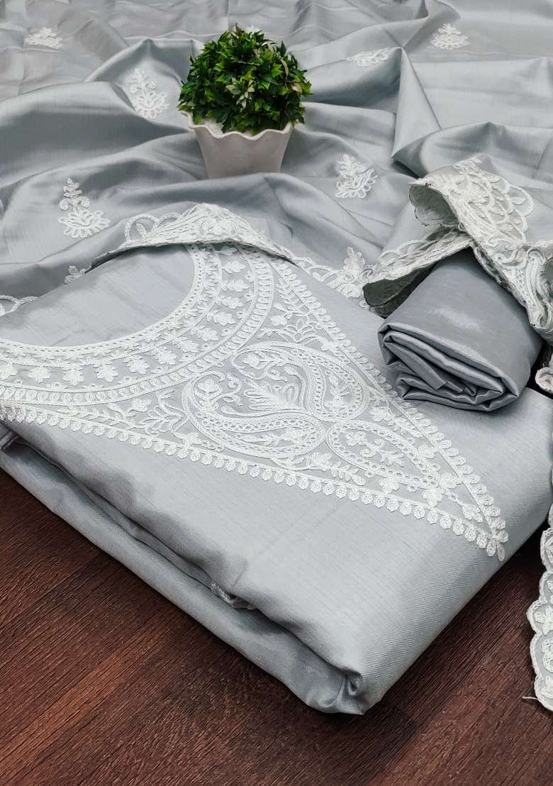 Grey Chikankari Silk Blend Straight Kurta Set - Indya