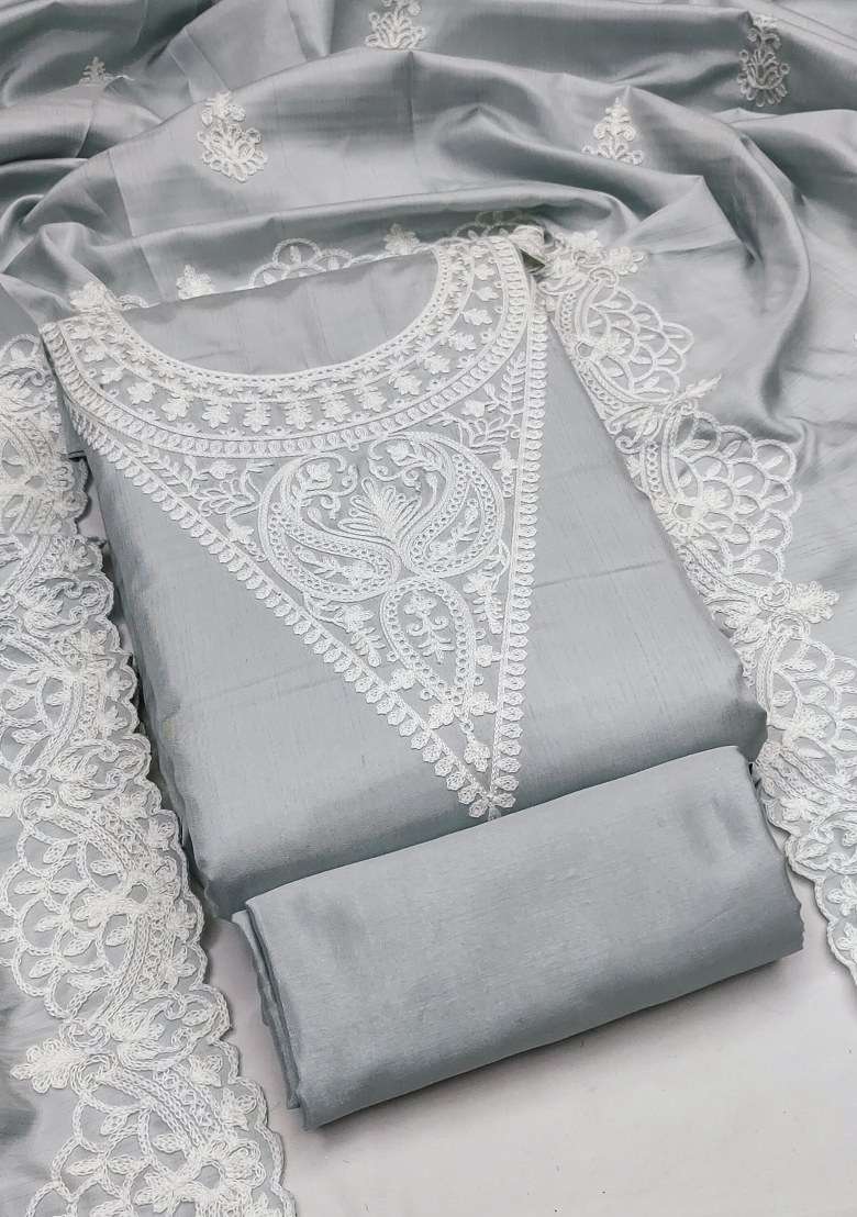 Grey Chikankari Silk Blend Straight Kurta Set - Indya
