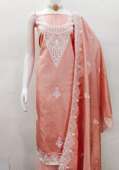 Peach Embroidered Silk Dress Material