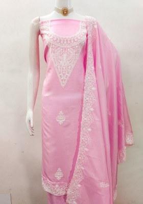 Pink Embroidered Silk Dress Material