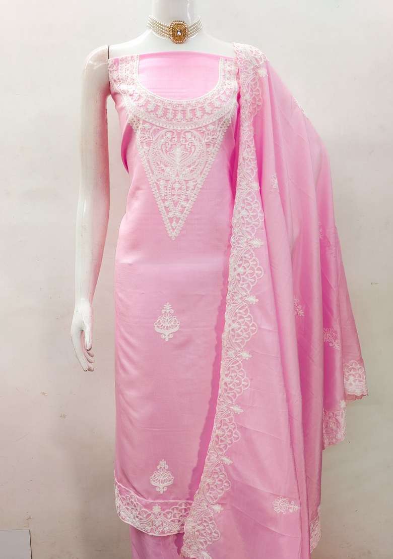 Pink Chikankari Silk Blend Pakistani Suit Set - Indya
