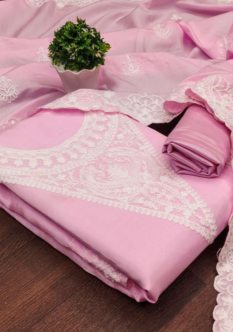 Pink Chikankari Silk Blend Pakistani Suit Set - Indya