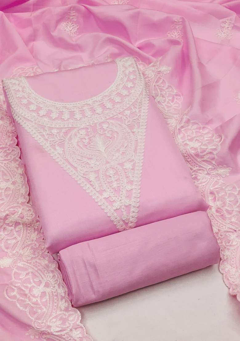 Pink Chikankari Silk Blend Pakistani Suit Set - Indya