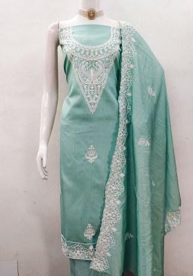 Sea Green Embroidered Silk Dress Material