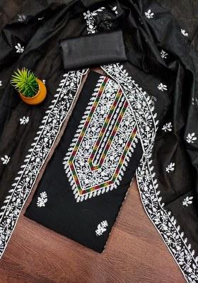 Black Embroidered Cotton Blend Dress Material