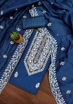 Blue Embroidered Cotton Blend Dress Material