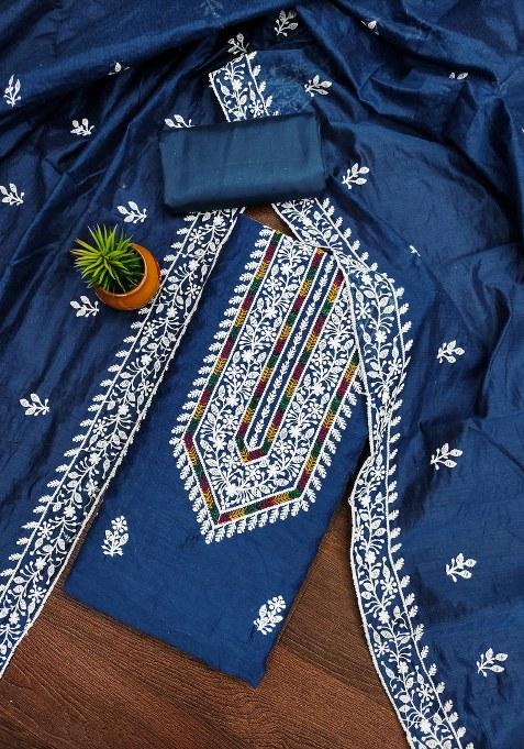 Blue Printed Blended Straight Kurta Set
