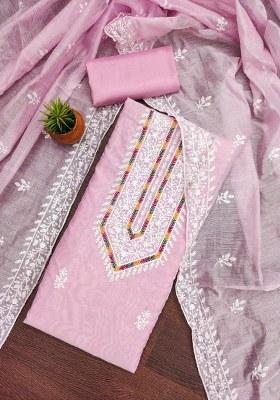 Baby Pink Embroidered Cotton Blend Dress Material