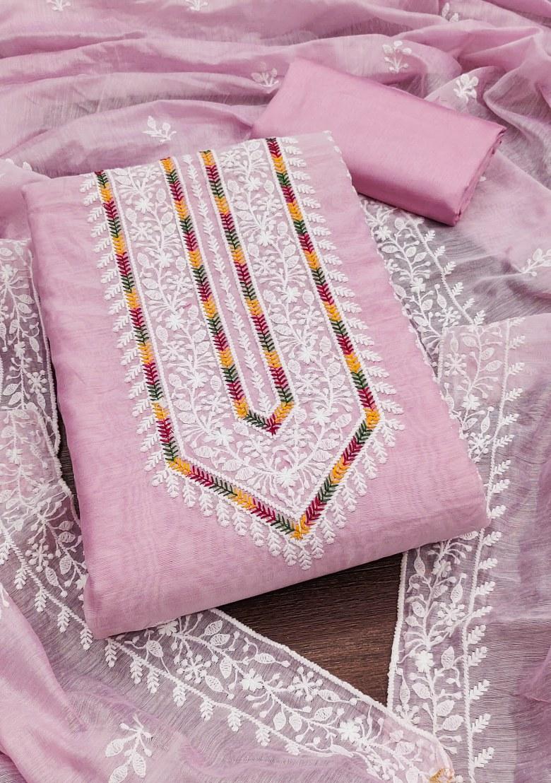 Baby Pink Embroidered Cotton Blend Dress Material - Indya