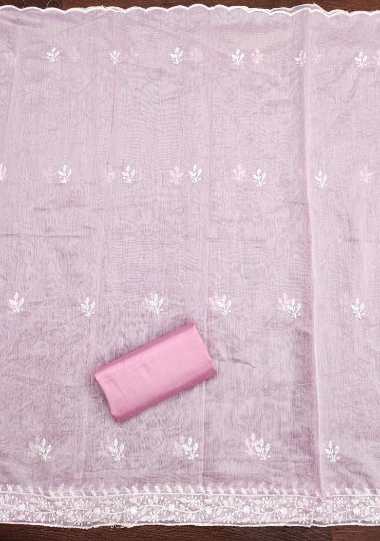 Baby Pink Embroidered Cotton Blend Dress Material - Indya