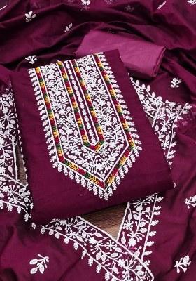 Magenta Embroidered Cotton Blend Dress Material