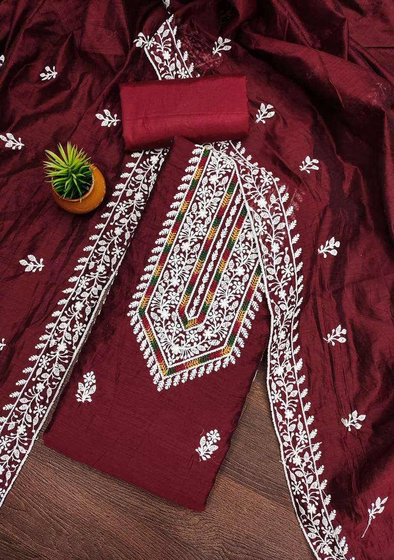 Maroon Embroidered Cotton Blend Dress Material - Indya