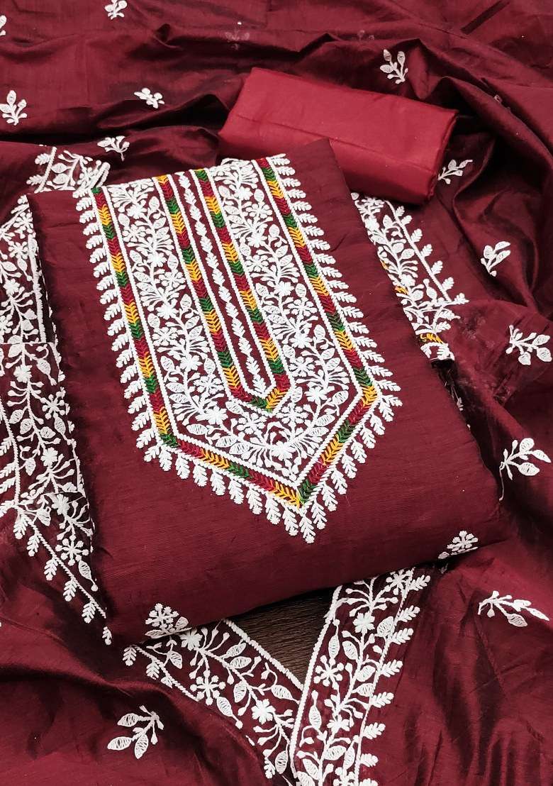 Maroon Embroidered Cotton Blend Dress Material - Indya