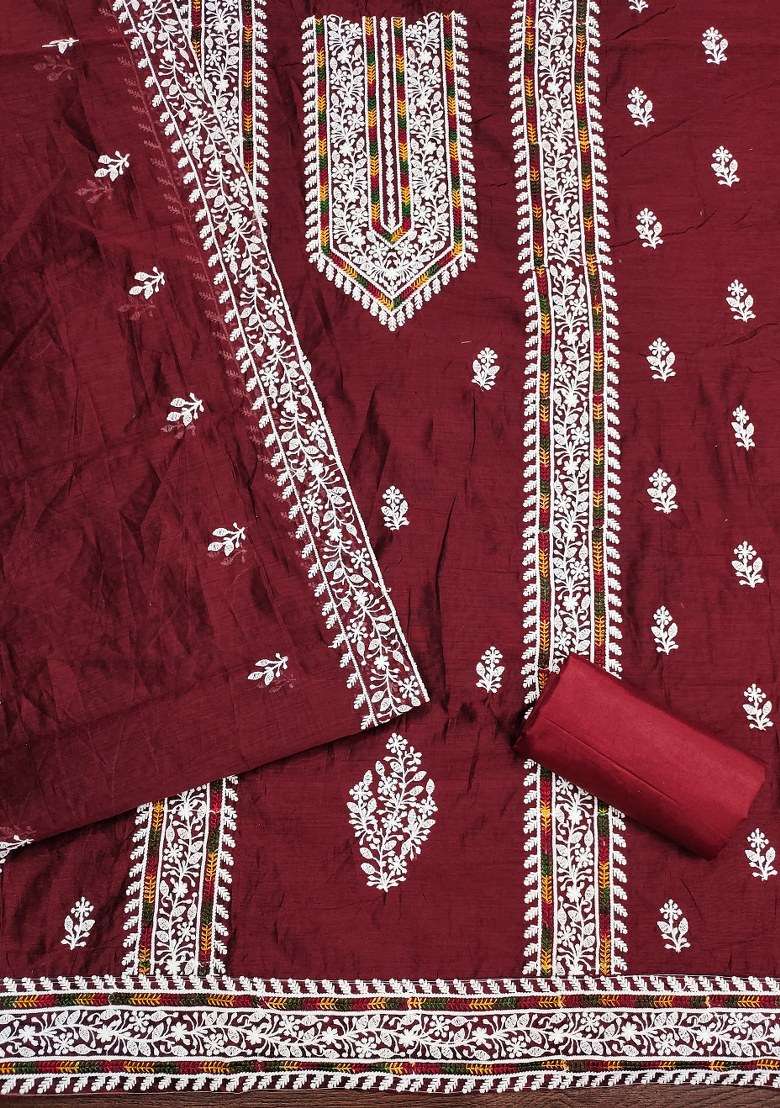 Maroon Embroidered Cotton Blend Dress Material - Indya