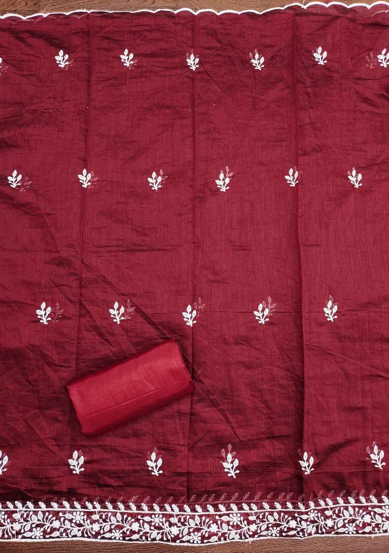 Maroon Embroidered Cotton Blend Dress Material - Indya