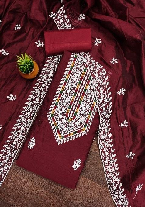 Maroon Embroidered Cotton Blend Dress Material